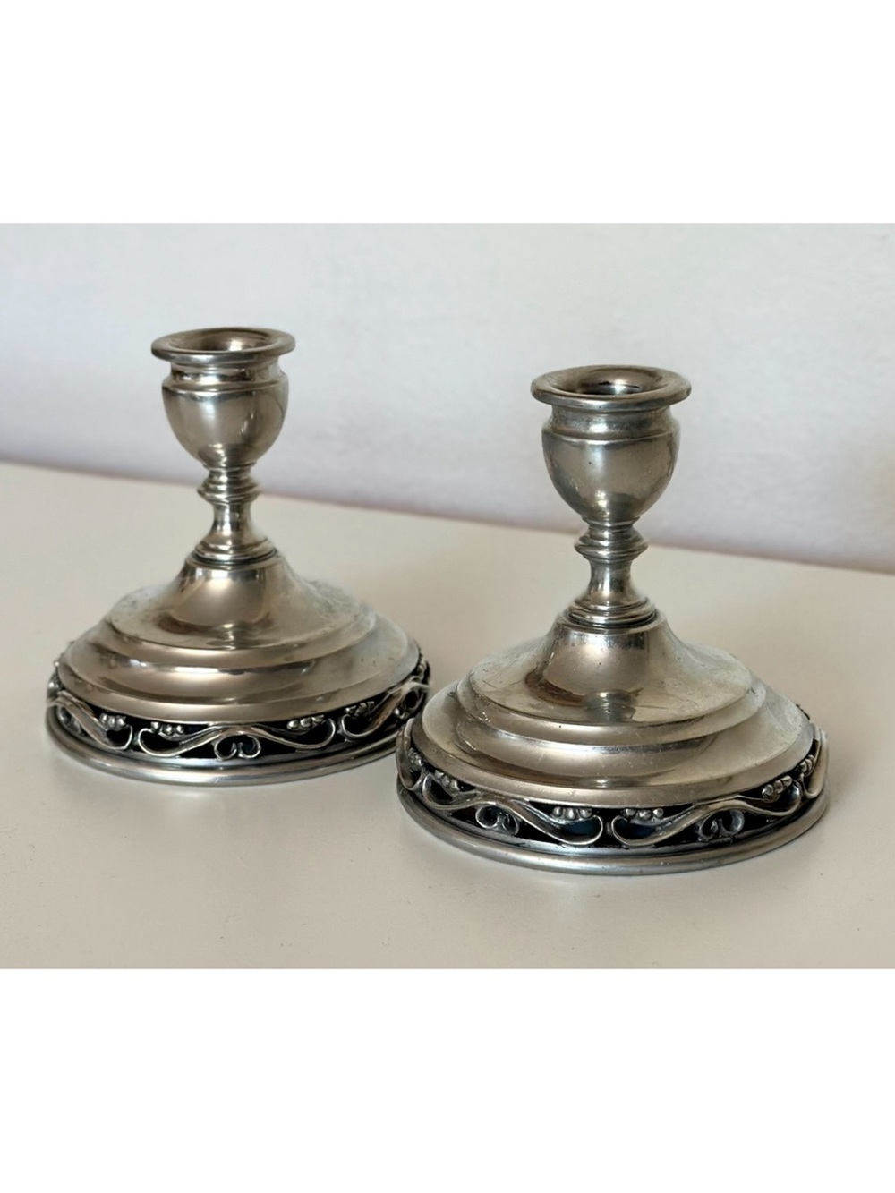 Vintage Pair Shirley Pewter Pierced Filigree Base Candlesticks
